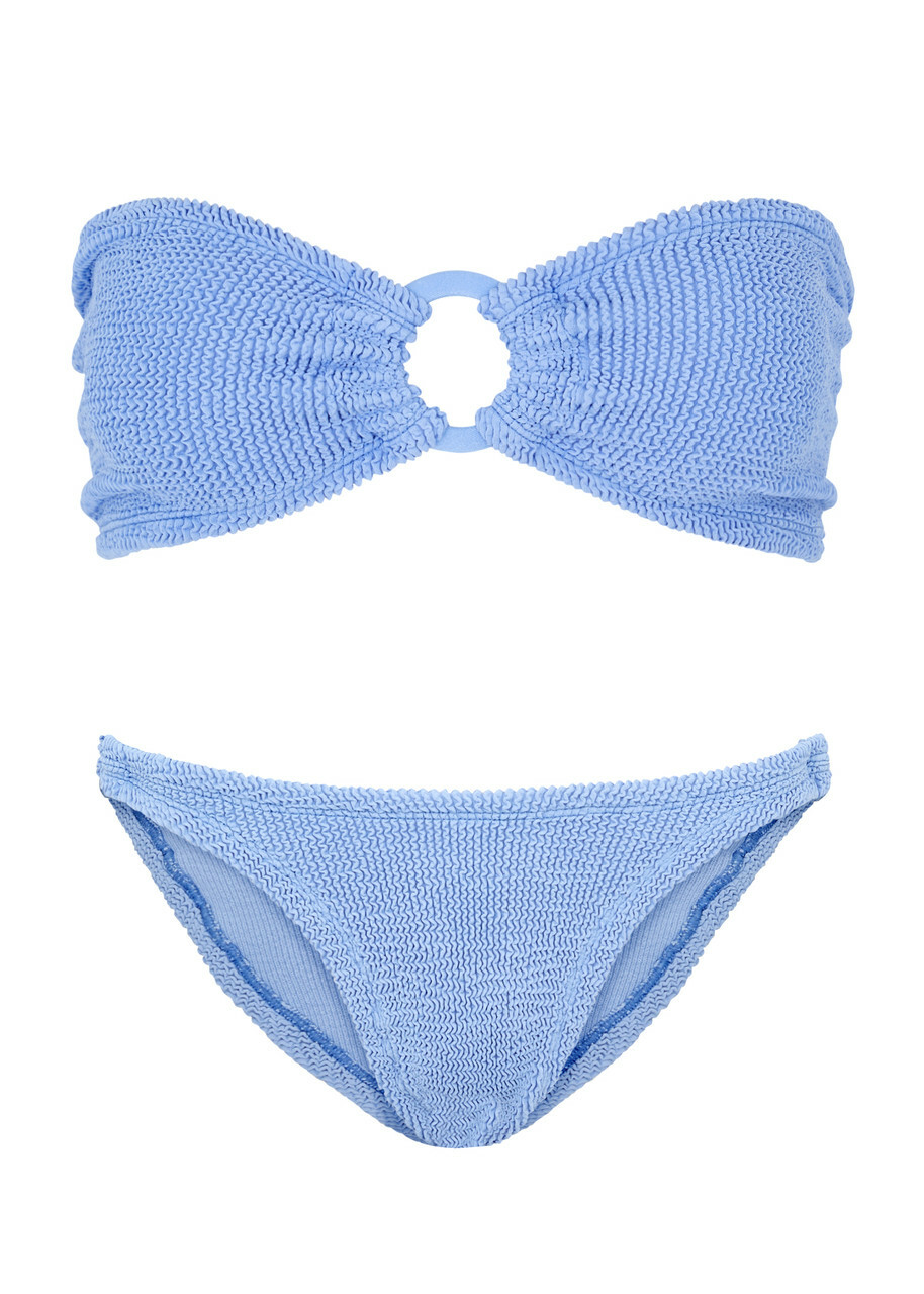 Hunza G - Gloria Seersucker Bandeau Bikini, Light Blue, One Size, Bandeau, Elasticated, Ring Embellishment, Hand Wash, Hunza G Gloria Bikini