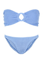Hunza G - Gloria Seersucker Bandeau Bikini, Light Blue, One Size, Bandeau, Elasticated, Ring Embellishment, Hand Wash, Hunza G Gloria Bikini