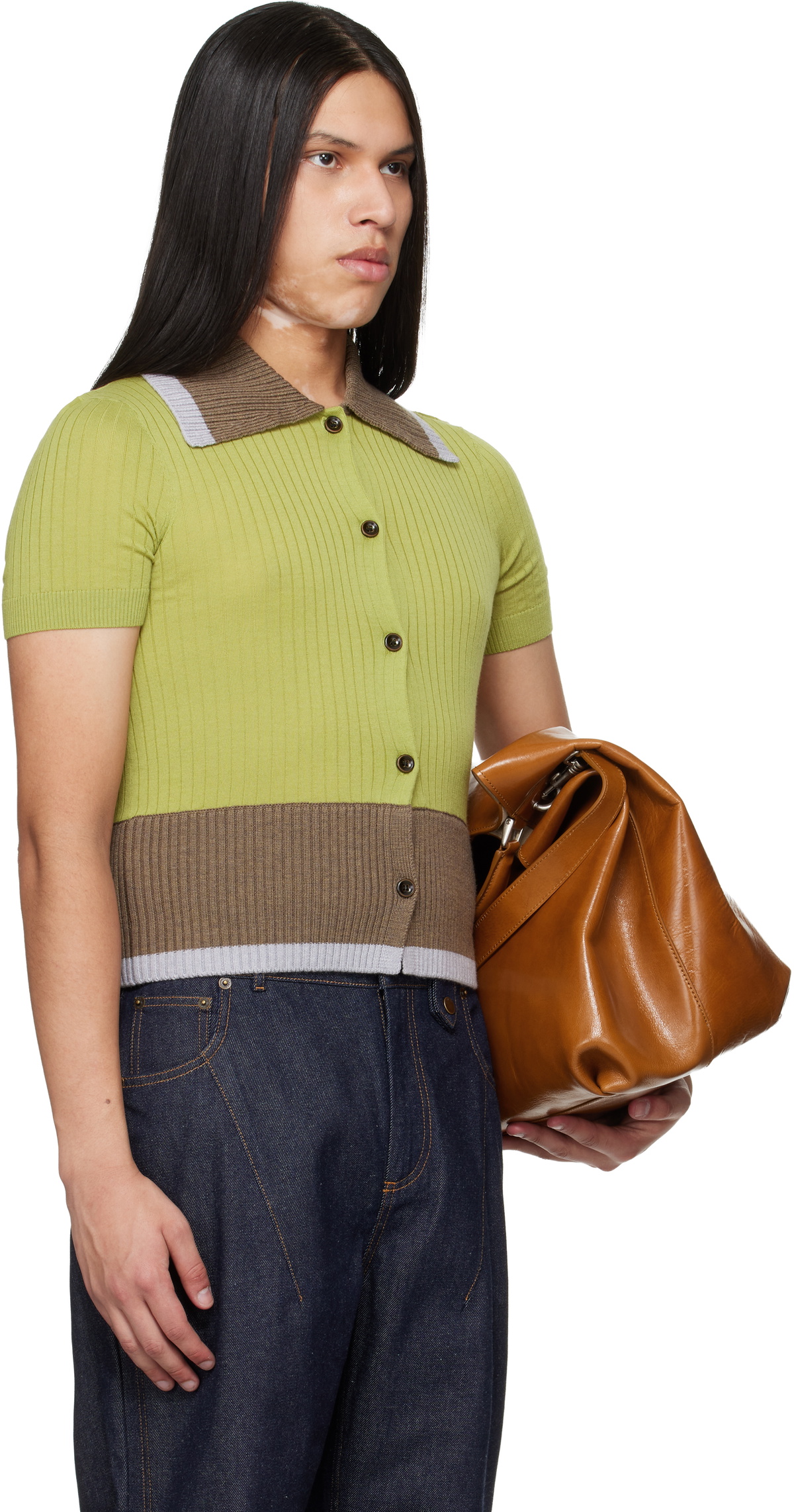 EGONlab Green & Brown Contrasted Ribs Knit Polo
