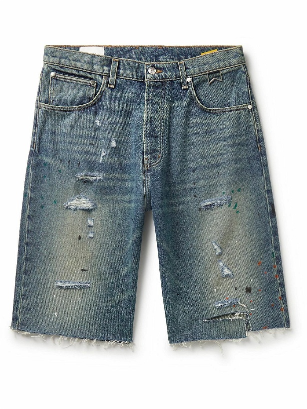 Photo: Rhude - Straight-Leg Paint-Splattered Distressed Denim Shorts - Blue