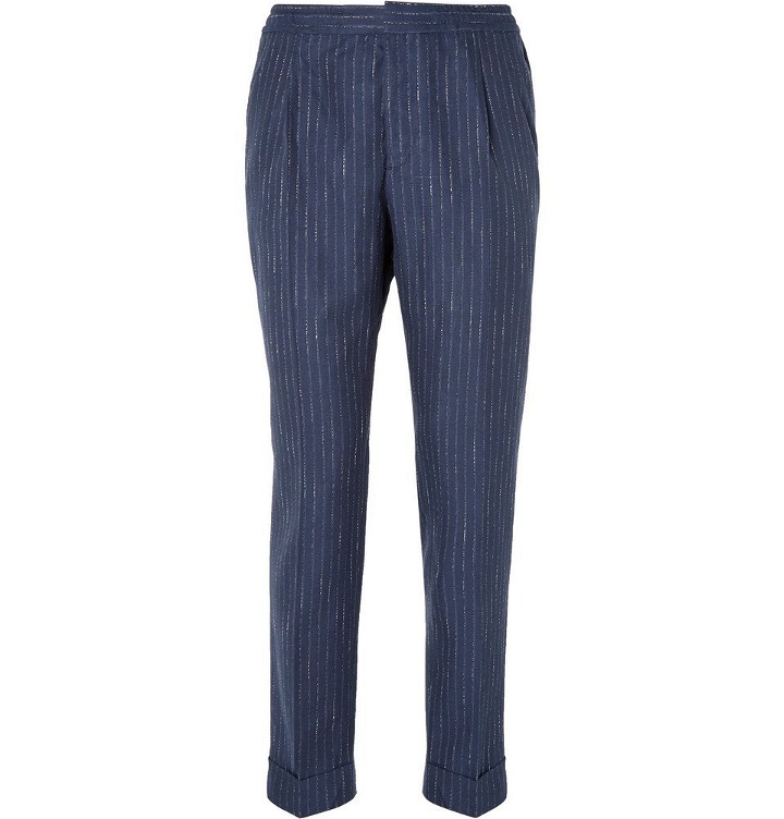 Photo: Officine Generale - Navy Tapered Pinstriped Woven Suit Trousers - Blue