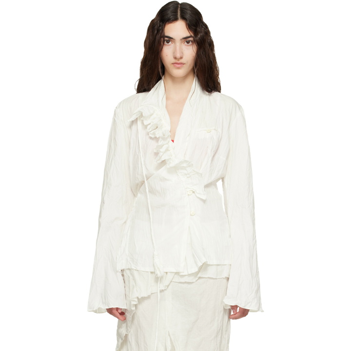 Photo: OPEN YY White Unbalanced Ruffle Blouse