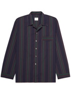 L.E.J - Camp-Collar Striped Cotton and Silk-Blend Shirt - Blue