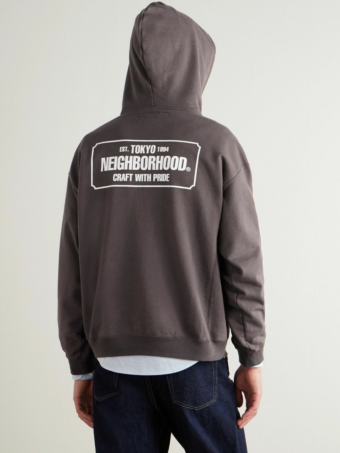 Neighborhood - Logo-Print Cotton-Jersey Half-Zip Hoodie - Brown