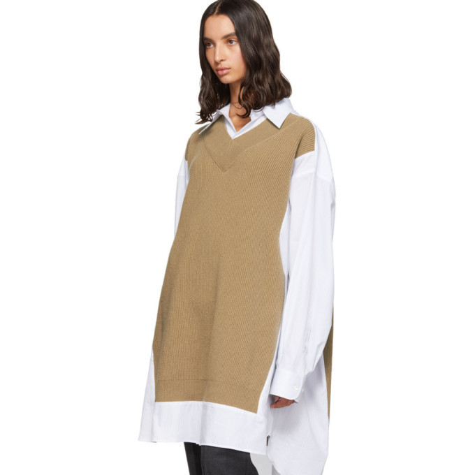 【Maison Margiela】Knit Shirt Dress - White:Beige Maison Margiela White and Beige Knit Shirt Dress Maison Margiela