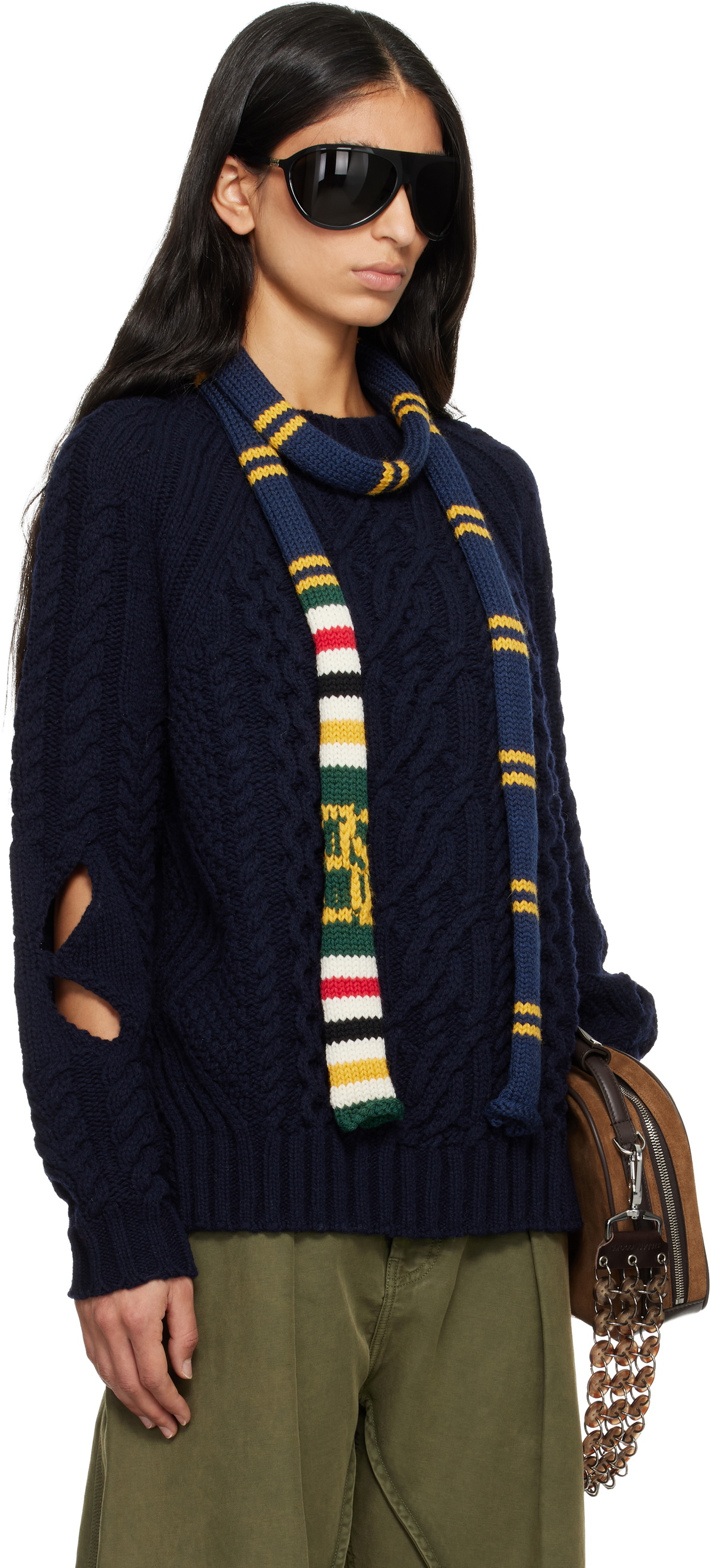 Stefan Cooke Navy Slashed Cable Sweater