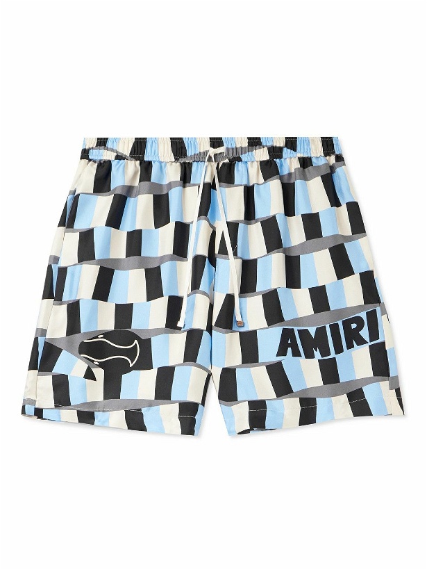Photo: AMIRI - Straight-Leg Logo-Print Silk-Twill Drawstring Shorts - Blue