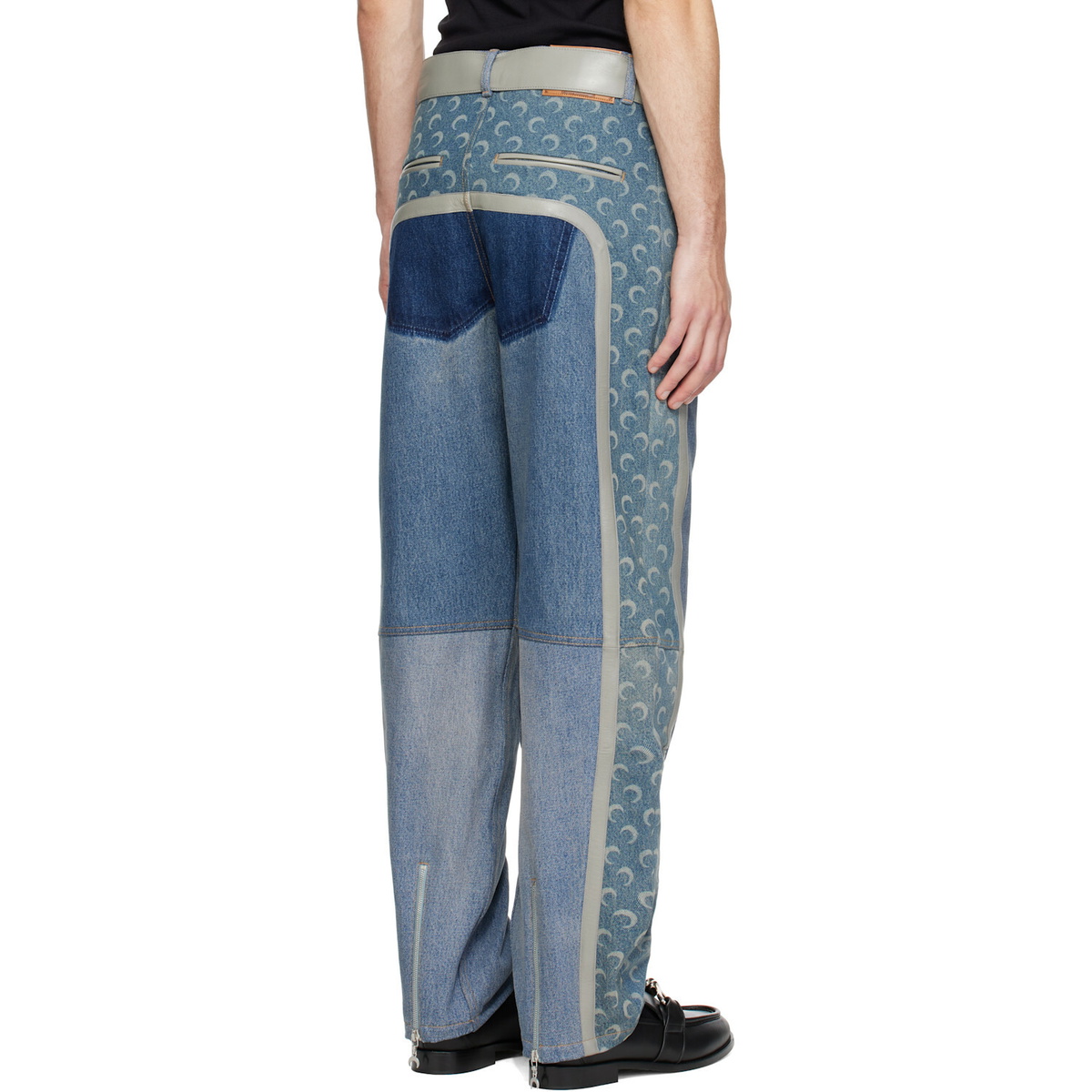 Marine Serre Blue Regenerated Denim Belted Baggy Jeans