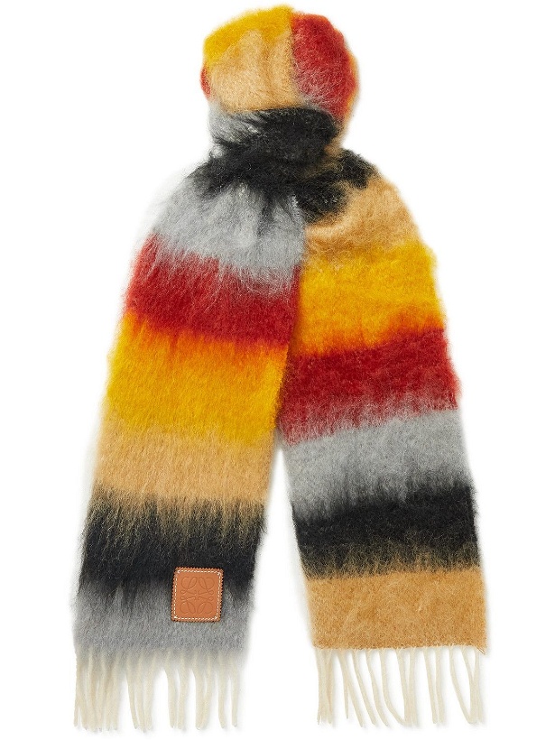 Photo: Loewe - Fringed Striped Logo-Embroidered Mohair and Wool-Blend Scarf