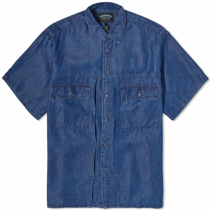 Photo: FrizmWORKS Men's Short Sleeve Denim Trucker Shirt in Blue