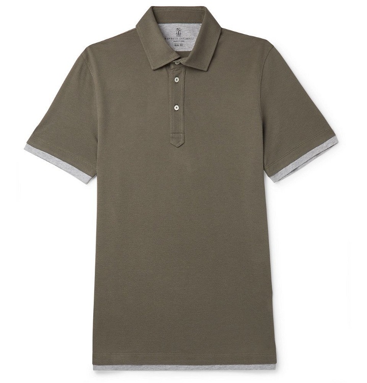 Photo: Brunello Cucinelli - Slim-Fit Jersey-Trimmed Cotton-Piqué Polo Shirt - Men - Green