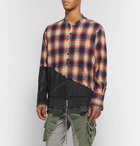 Greg Lauren - Birdwell Grandad-Collar Panelled Distressed Checked Cotton-Flannel and Nylon Shirt - Orange