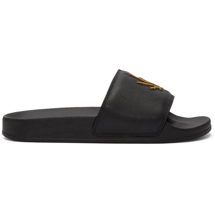 Palm Angels Black and Gold Leaf Slides Palm Angels