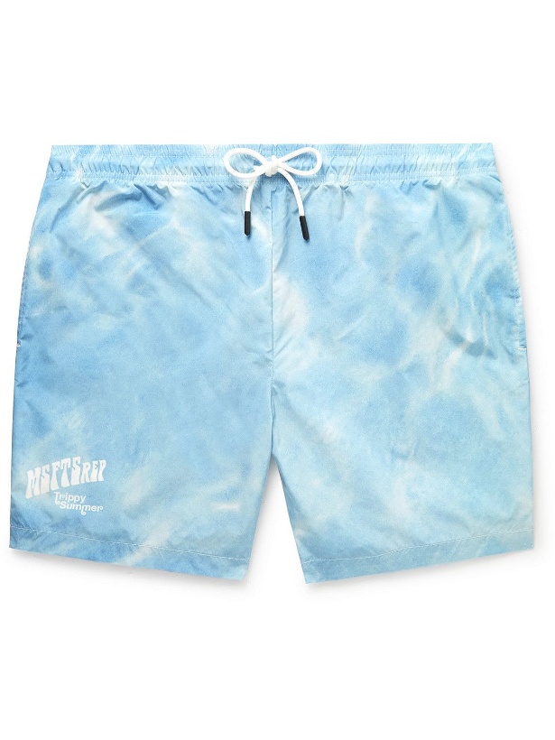 Photo: MSFTSrep - Slim-Fit Mid-Length Tie-Dyed Logo-Print Swim Shorts - Blue