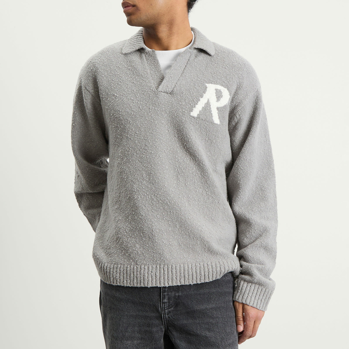 Represent Men's Knitted Boucle Knit Polo in Grey