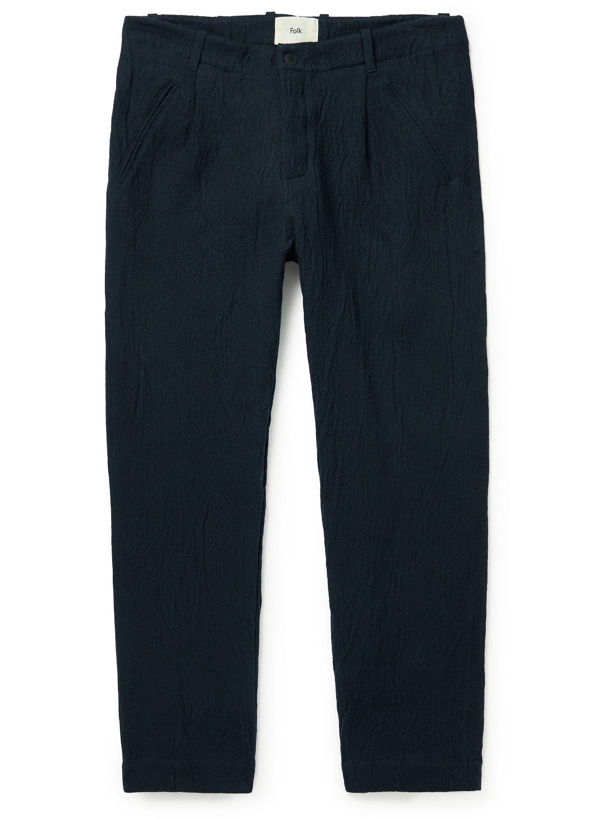 Photo: Folk - Assembly Tapered Pleated Cotton-Blend Trousers - Blue