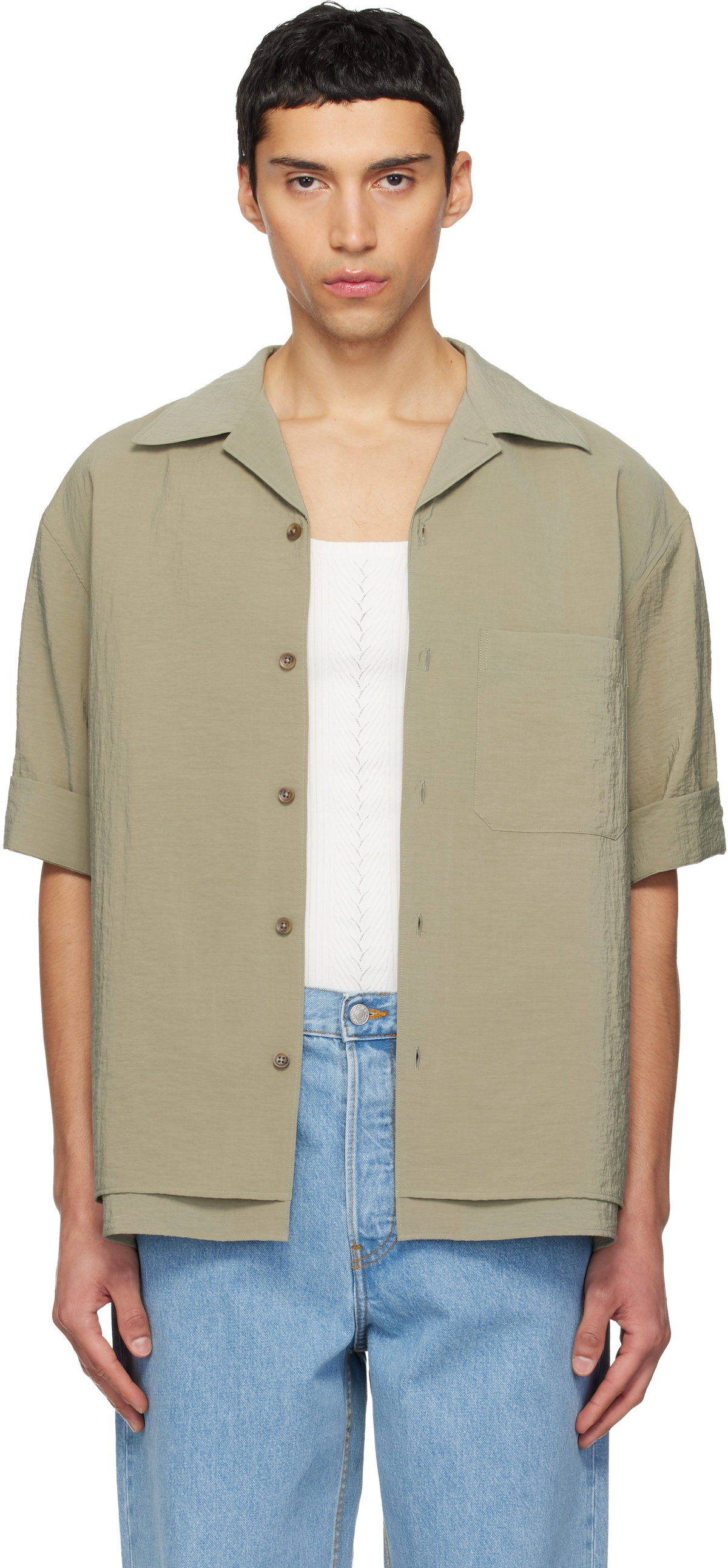 LE17SEPTEMBRE Khaki Double-Layered Open Collar Shirt