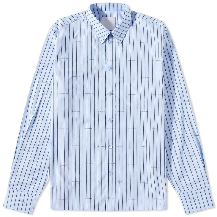 Photo: Givenchy Men's Repeat Logo Long Sleeve Stripe Shirt in Baby Blue