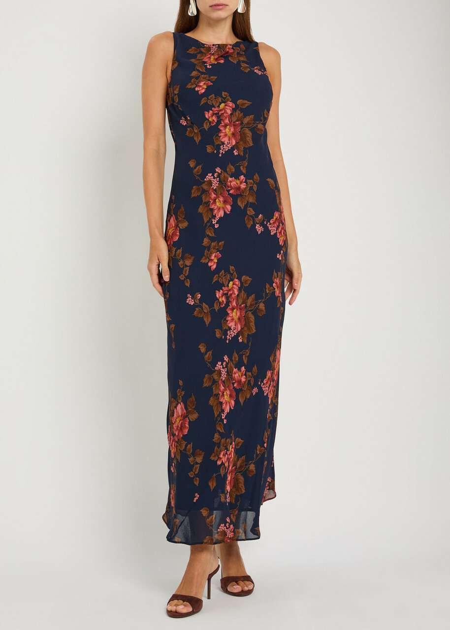 green emerald velvet dress Reformation Vivi Silk Aliso Blue Floral Bandeau Halter Dress – The Closet  New York main image 1