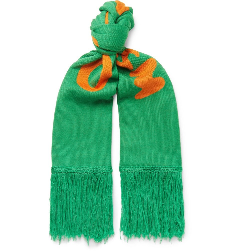 Off-White - Fringed Logo-Intarsia Wool Scarf - Men - Green Off-White