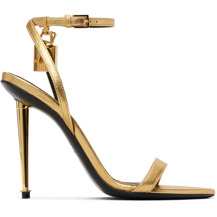 Photo: TOM FORD Gold Laminated Padlock Pointy Naked Heeled Sandals