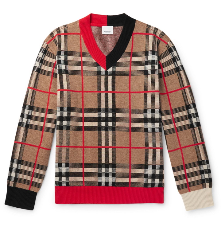 Photo: Burberry - Checked Merino Wool-Blend Sweater - Brown