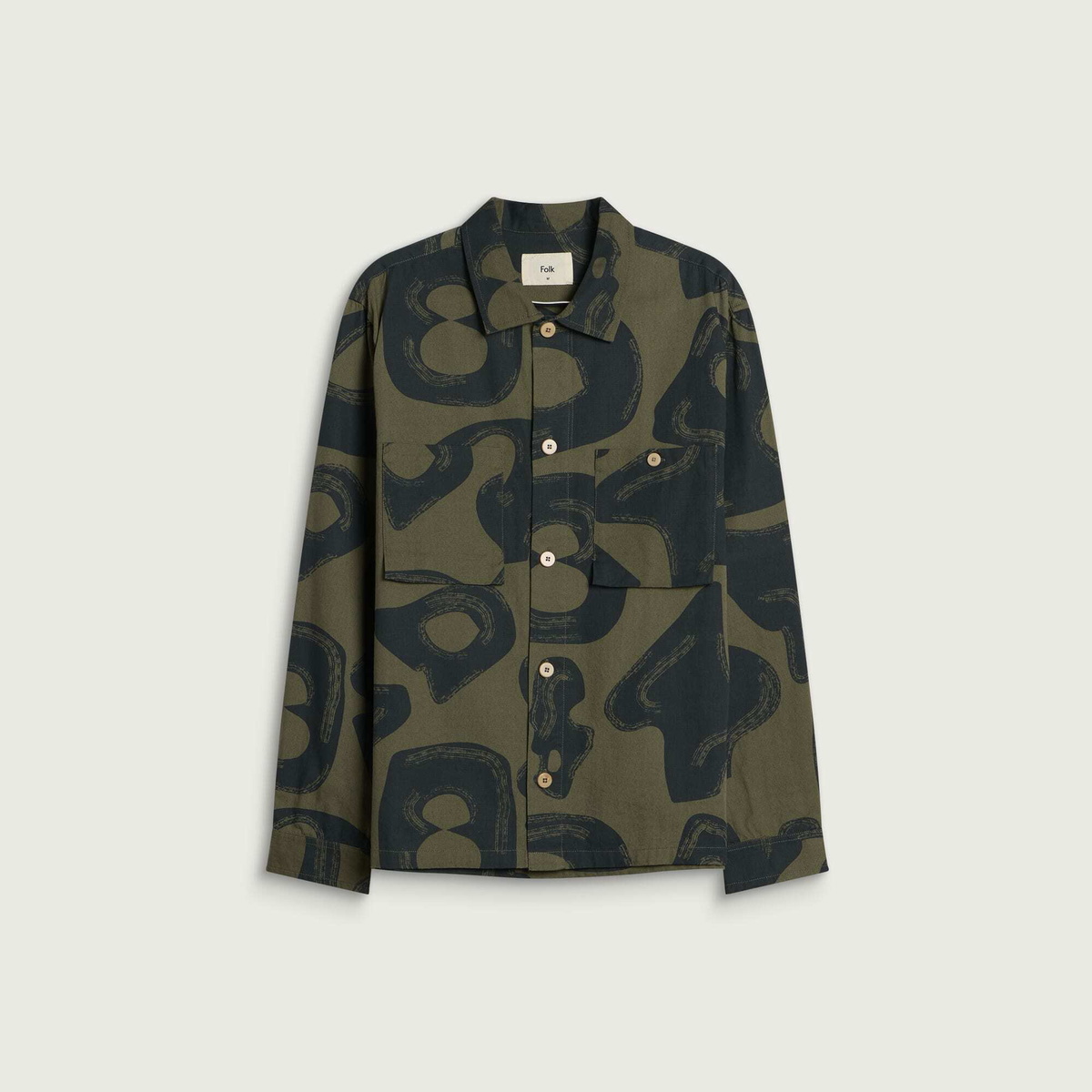 Folk Men's Patch Overshirt in Olive Navy Cast Print