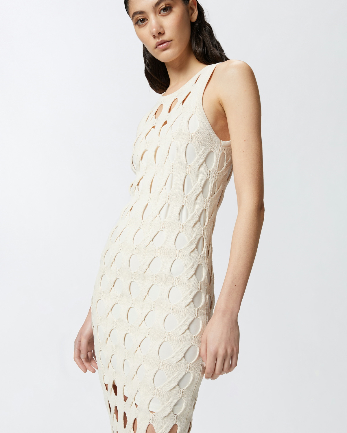 Pinko Perforated Knit Midi Dress Swan White