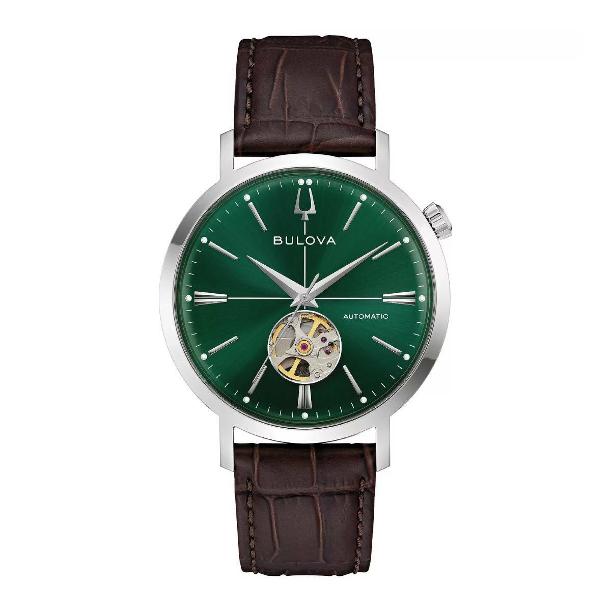 Bulova Automatic Mens Green Open Heart Dial Watch 96A332