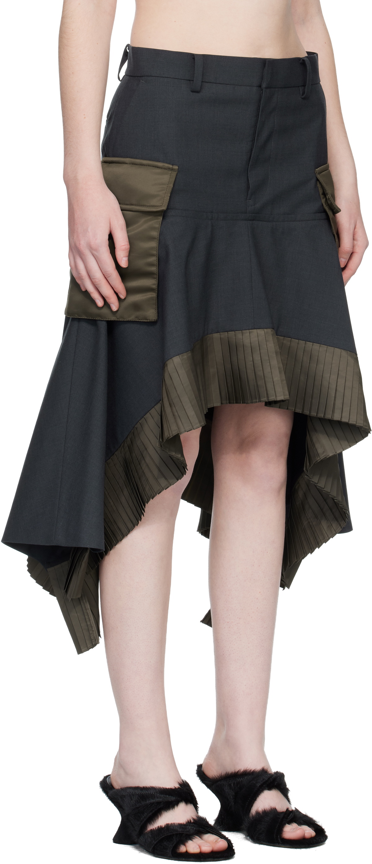 sacai Gray Suiting & Nylon Twill Midi Skirt