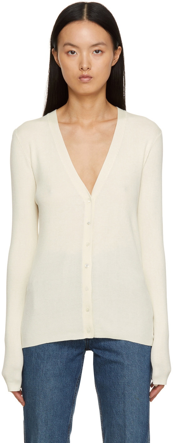 CO Off-White Silk Rib Knit Cardigan Coach