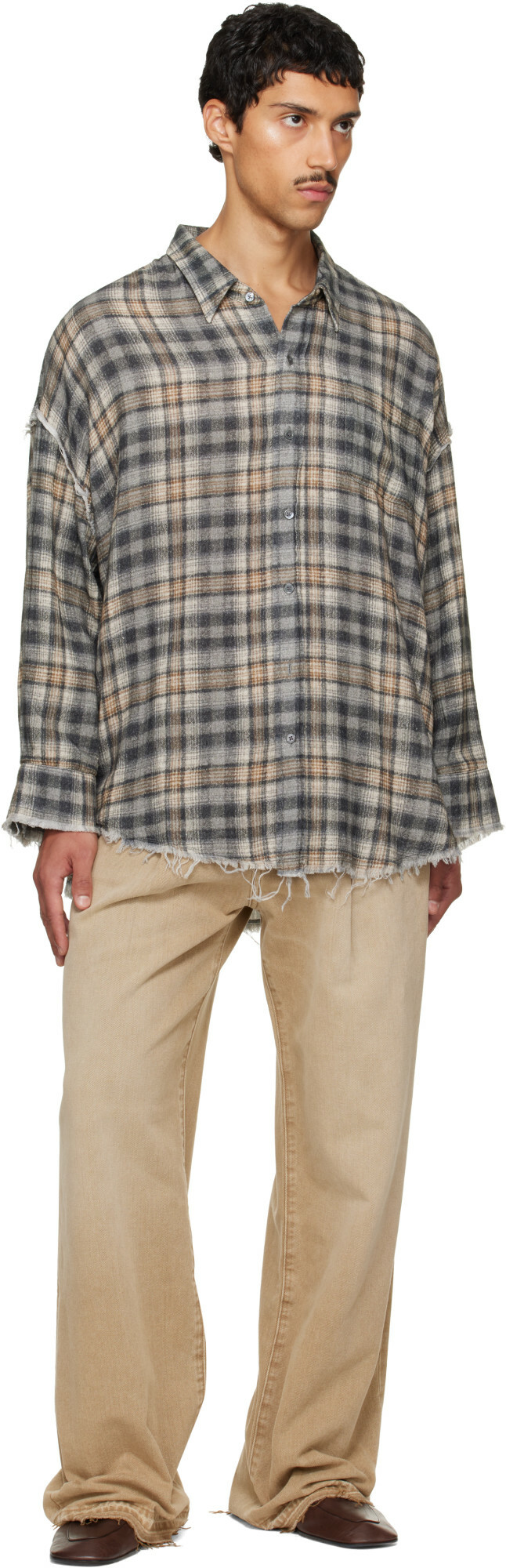 R13 Gray Shredded Seam Drop Neck Shirt