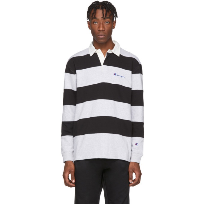 Photo: Champion Reverse Weave Grey and Black Striped Small Script Logo Rugby Polo