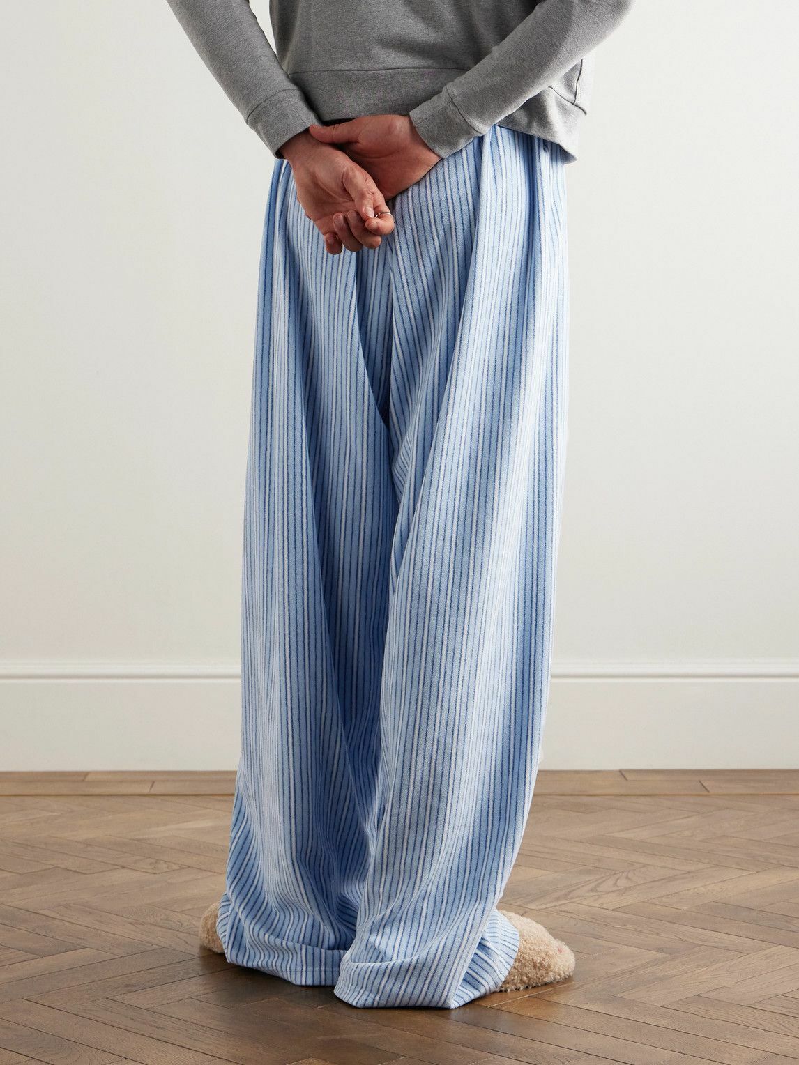 Balenciaga Wide Leg Striped Fleece Drawstring Pyjama Trousers Blue