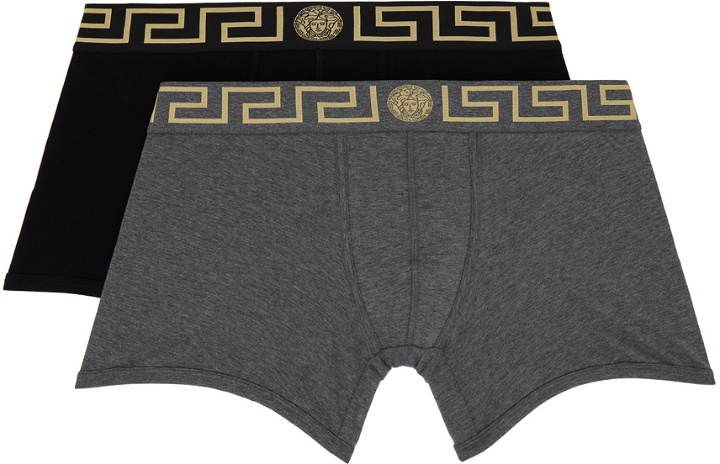 Photo: Versace Underwear Two-Pack Gray & Black Greca Border Long Boxers