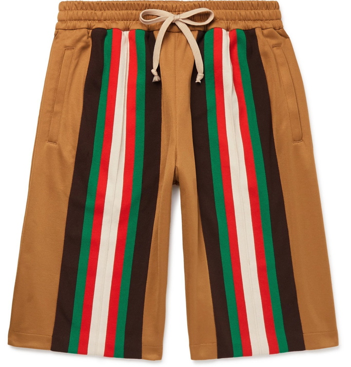 Photo: Gucci - Wide-Leg Striped Webbing-Trimmed Tech-Jersey Shorts - Brown