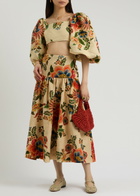 Farm Rio Delicate Garden Printed Linen Midi Skirt Cream