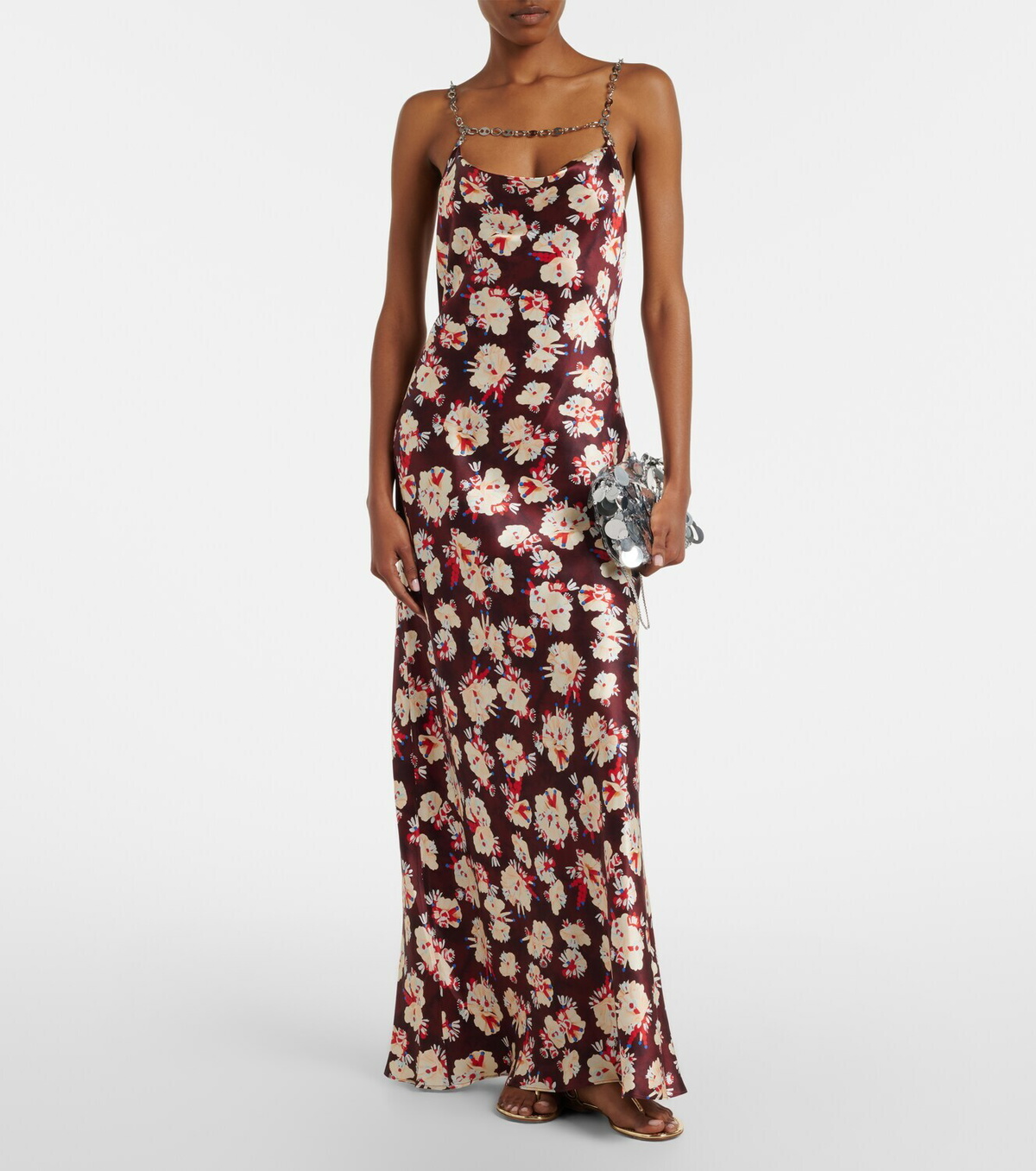 Rabanne Chain-detail floral silk maxi dress