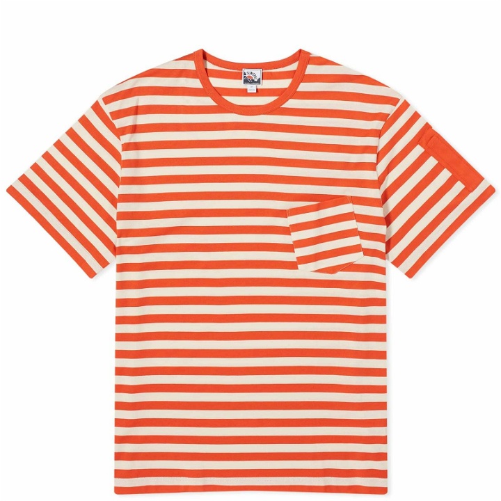 Photo: Sunspel Men's x Nigel Cabourn Stripe Pocket T-shirt in Orange/Stone White Wide Stripe
