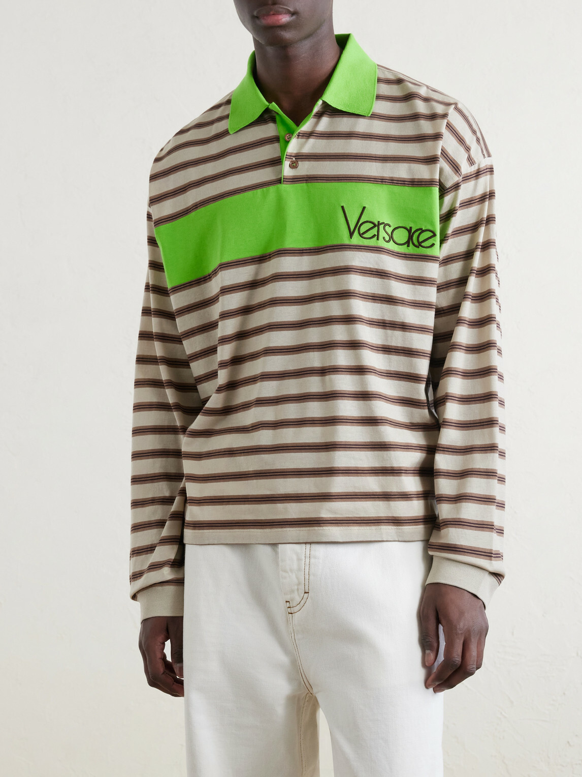 Versace - Polo Striped Cotton Jersey Polo Shirt - Neutrals