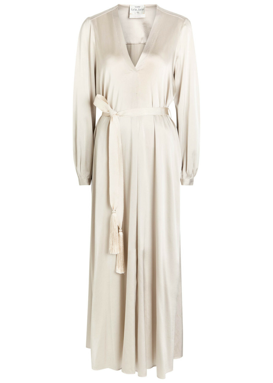 Forte_forte Belted Silk-satin Midi Dress Grey