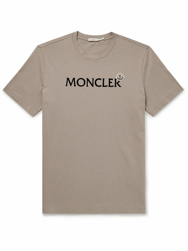 Photo: Moncler - Logo-Flocked Appliquéd Cotton-Jersey T-Shirt - Neutrals