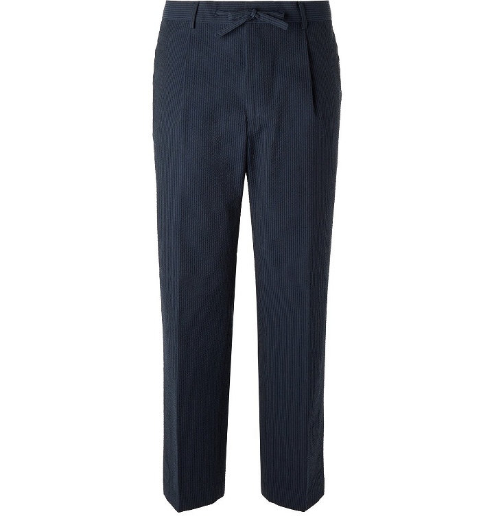 Photo: Beams F - Slim-Fit Pleated Striped Cotton-Seersucker Drawstring Suit Trousers - Blue
