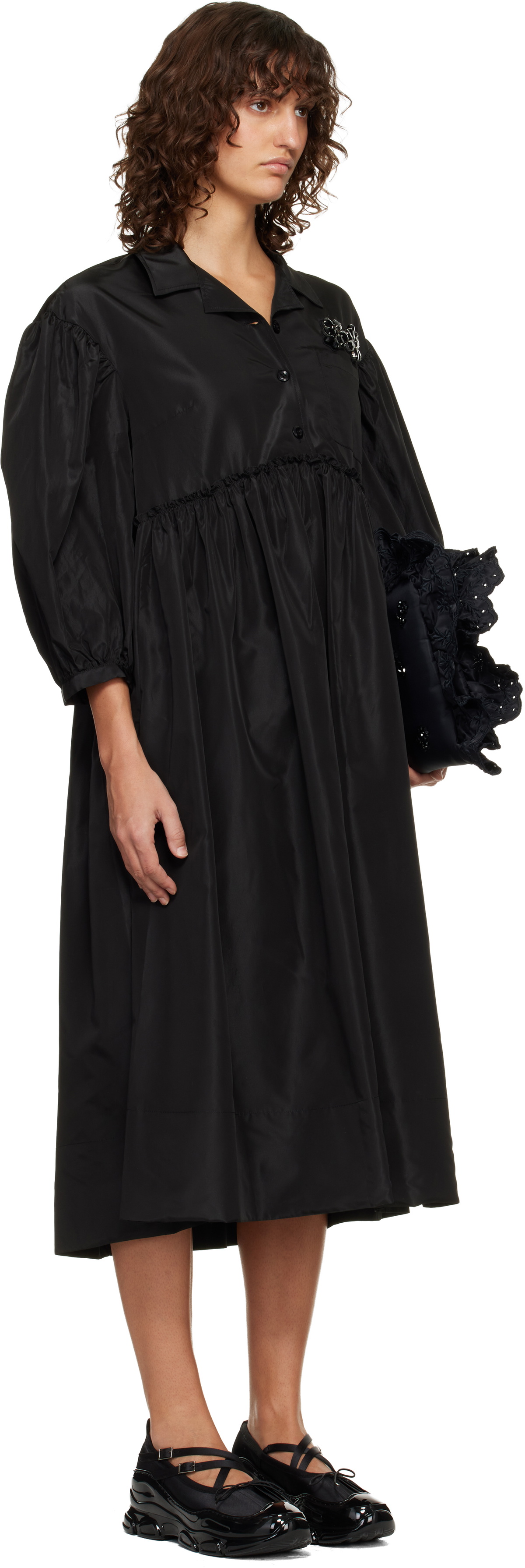 Simone Rocha Black Embellished Signature Smock Shirt Midi Dress