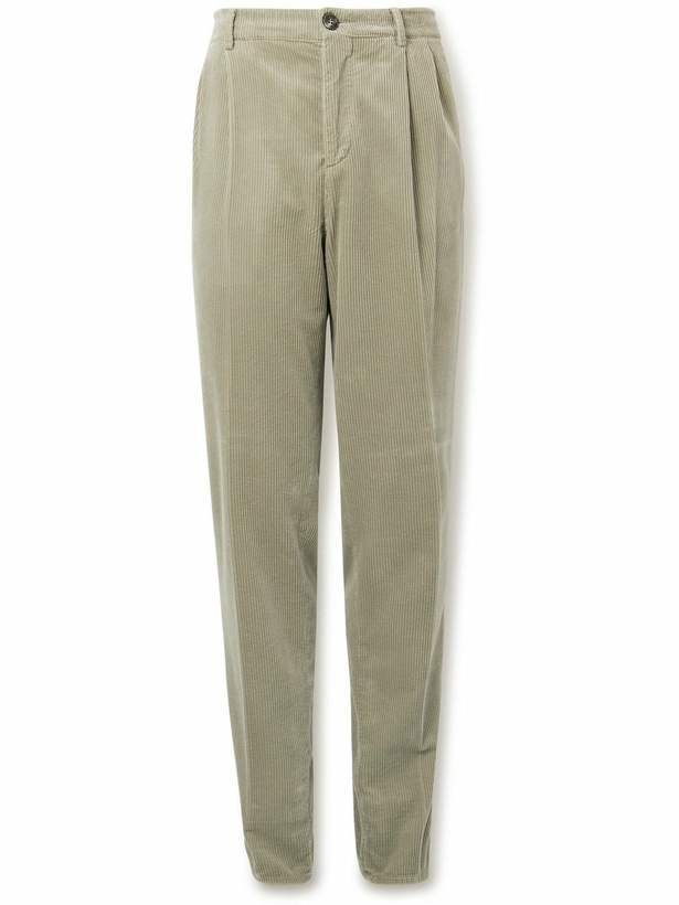 Photo: Brunello Cucinelli - Straight-Leg Pleated Cotton-Corduroy Trousers - Green