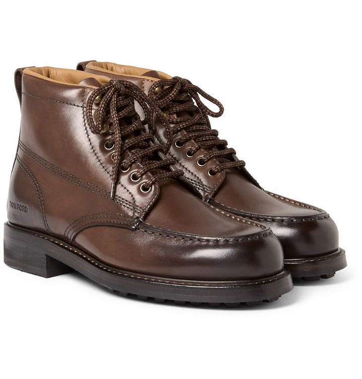 Photo: TOM FORD - Burnished-Leather Hiking Boots - Men - Brown