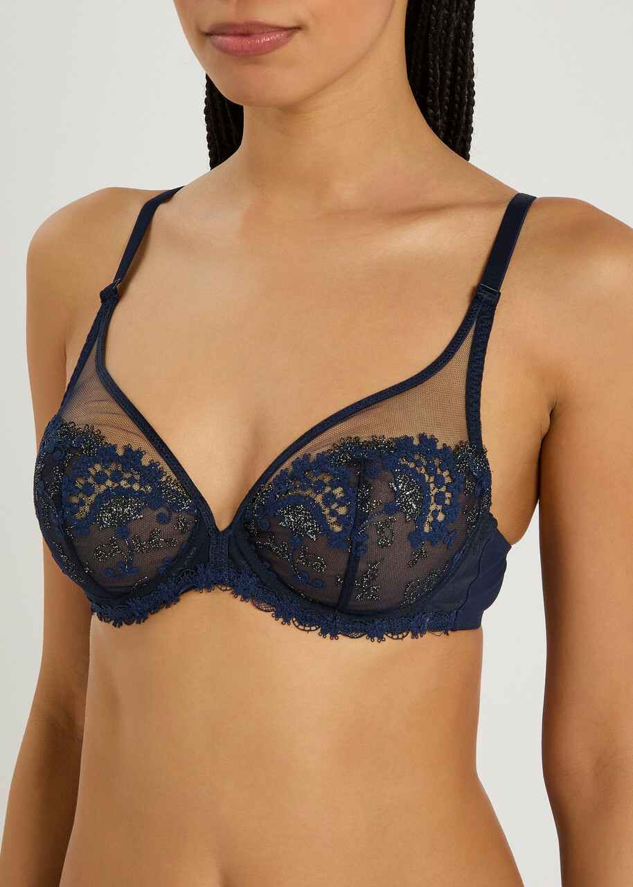 Simone PÉRÈLE Wish Floral-embroidered Tulle Plunge bra Dark Blue