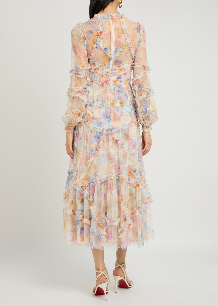 Needle & Thread Mariannes Floral-embellished Tulle Midi Dress Multicoloured