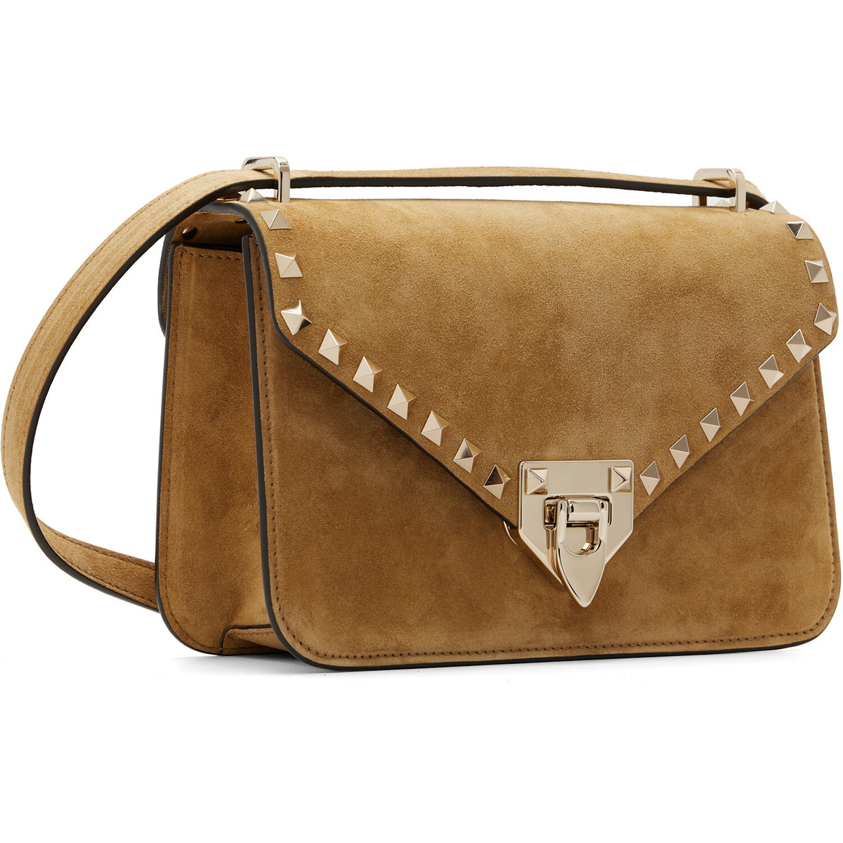 Valentino Garavani Tan Rockstud Small Shoulder Suede Bag