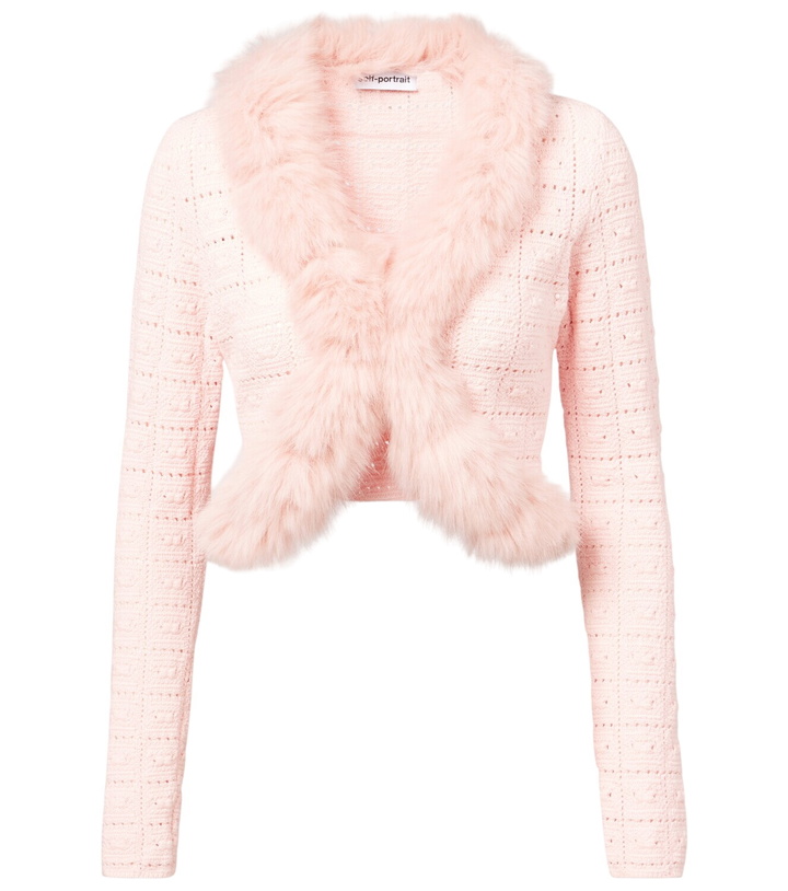 Photo: Self-Portrait Faux fur-trimmed open-knit cardigan